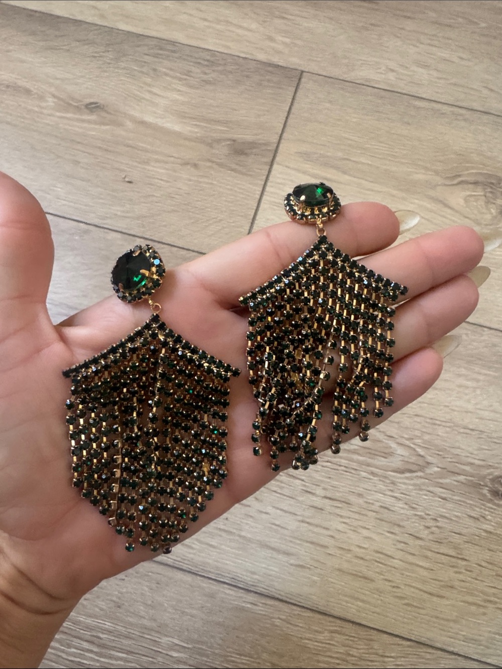 Source Unknown Gold and Green Fringe Crystal Dangle Earrings